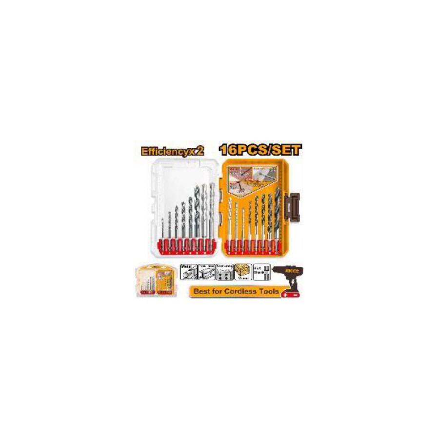 INGCO 16 Pcs Metal masonry and wood drill bits set